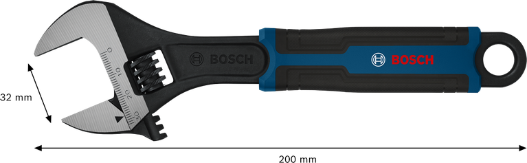 Cờ lê điều chỉnh Bosch 200 mm với độ mở hàm 32 mm.
